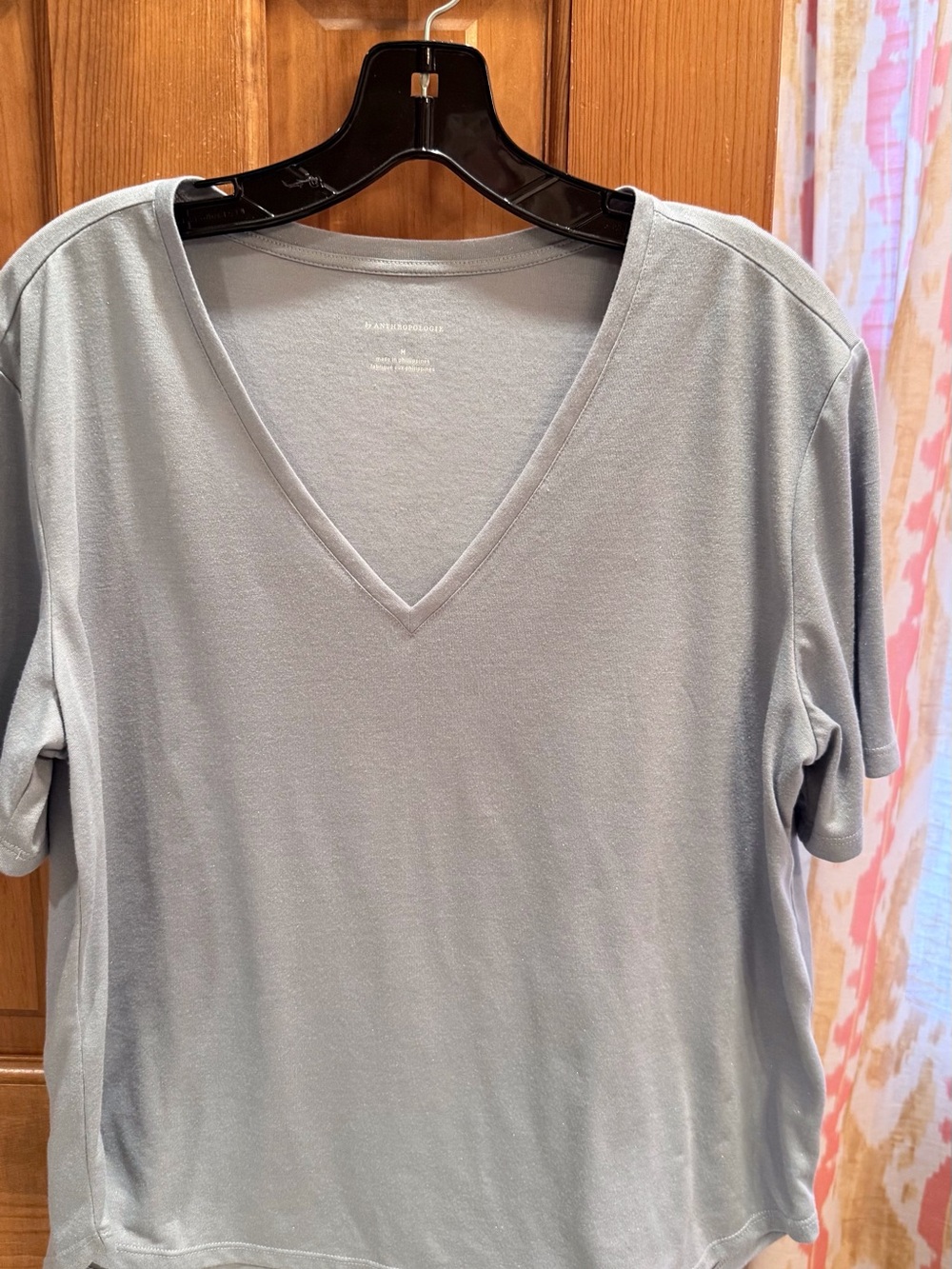 Anthropologie Wedgewood Blue Gray V-Neck Short Sleeve Top with light shimmer